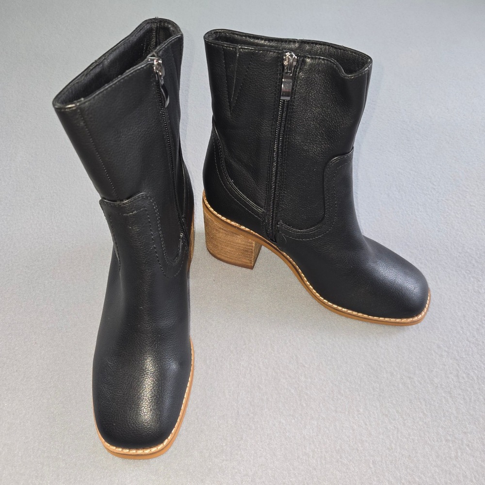 Beast Fashion Ankle Boots Womens 7.5 Black Square Toe Stacked Block Heel Zip
